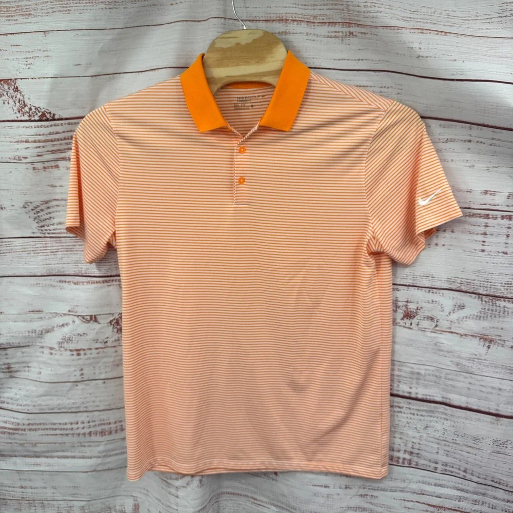 Nike Golf Polo Shirt Mens Large Orange White Stripe Dri-FIT Standard Fit Atletic
